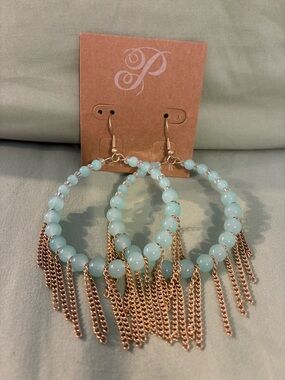 Jade-colored Beaded Pierced Hoop Earrings with Gold Fringe